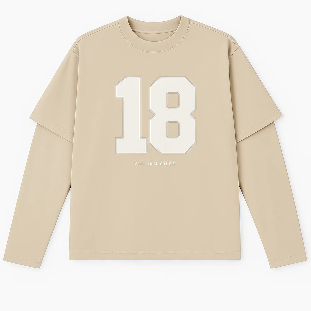 Beige long-sleeve shirt with number 18 and 'WILLYAN GILES' text on a white background