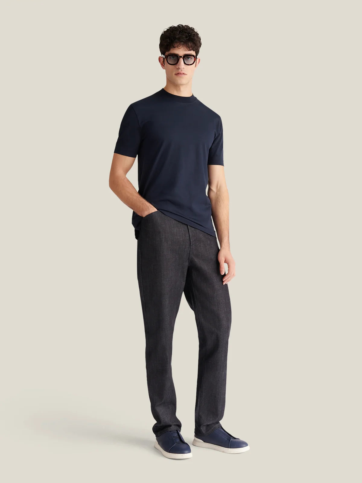 PECKHAM RYE Devonshire Mercerised Cotton T-Shirt in Dark Sapphire Navy