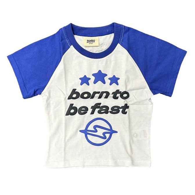 Women’s Broken Planet ‘Born To Be Fast’ Baby Tee (White/Blue)